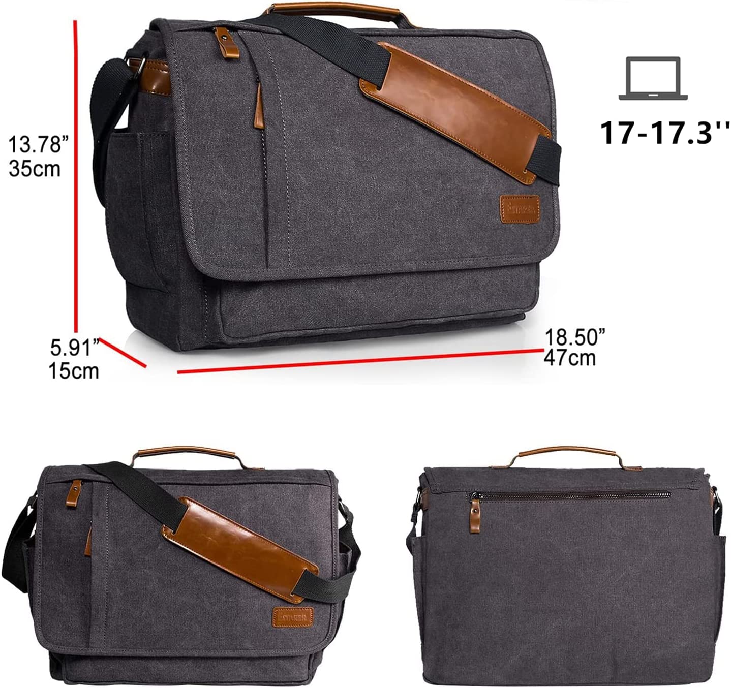 ESTARER Computer Messenger Bag 17-17.3 Inch Water-resistant Canvas Laptop Shoulder Bag for Travel Work College New Version, Grey - Image 5